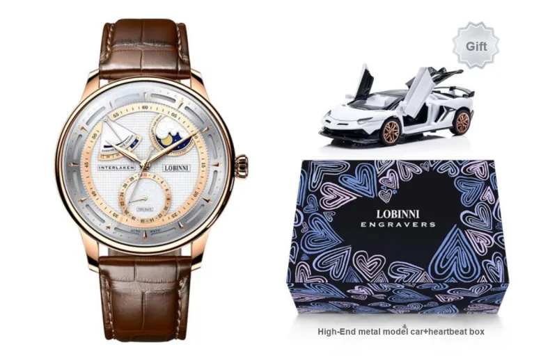 LOBINNI L Automatic Mechanical Movement Genuine Leather Strap Watch Men's Watches White Dial-7
