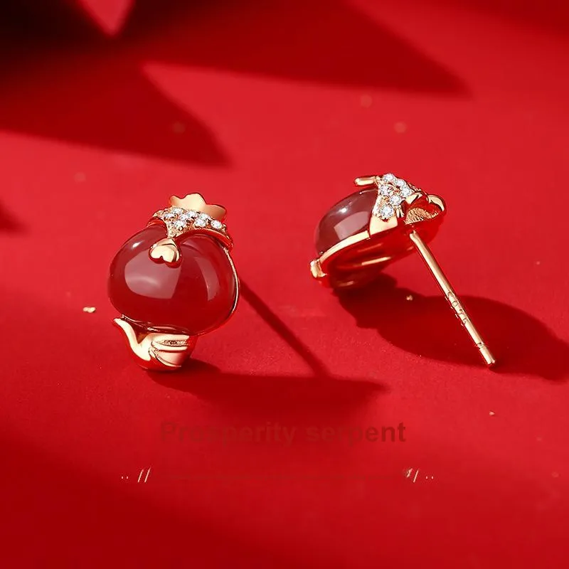 Old Fu Gold Agate 925 Sterling Silver Jade Stud Earring Women's-1