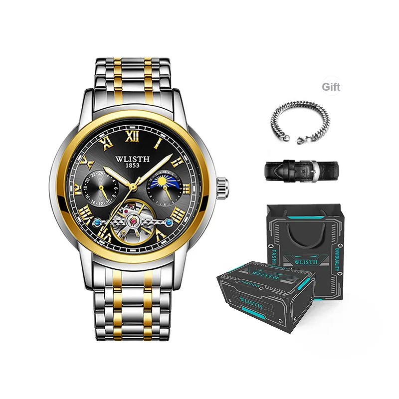 WLISTH Automatic Mechanical Movement Stainless Steel Watchband Men's Watches Black Dial-5