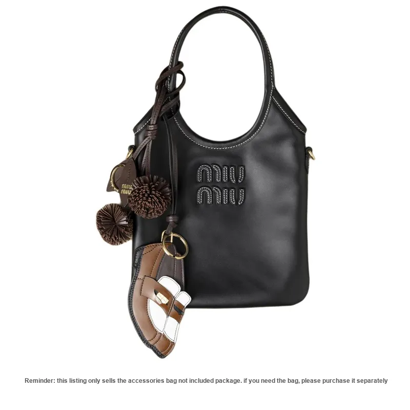 MIU MIU Leather Keychain Charm Bag Accessory Women's Cognac Mixed White-2