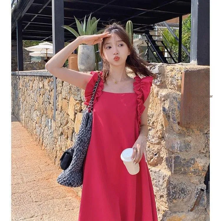 DOKZB Sleeveless Dresses Women's Rose Red-2