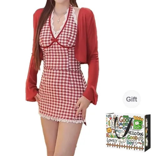 OURUOKE Slip Dresses Women's Red Checkered Set Shopping Bag Included