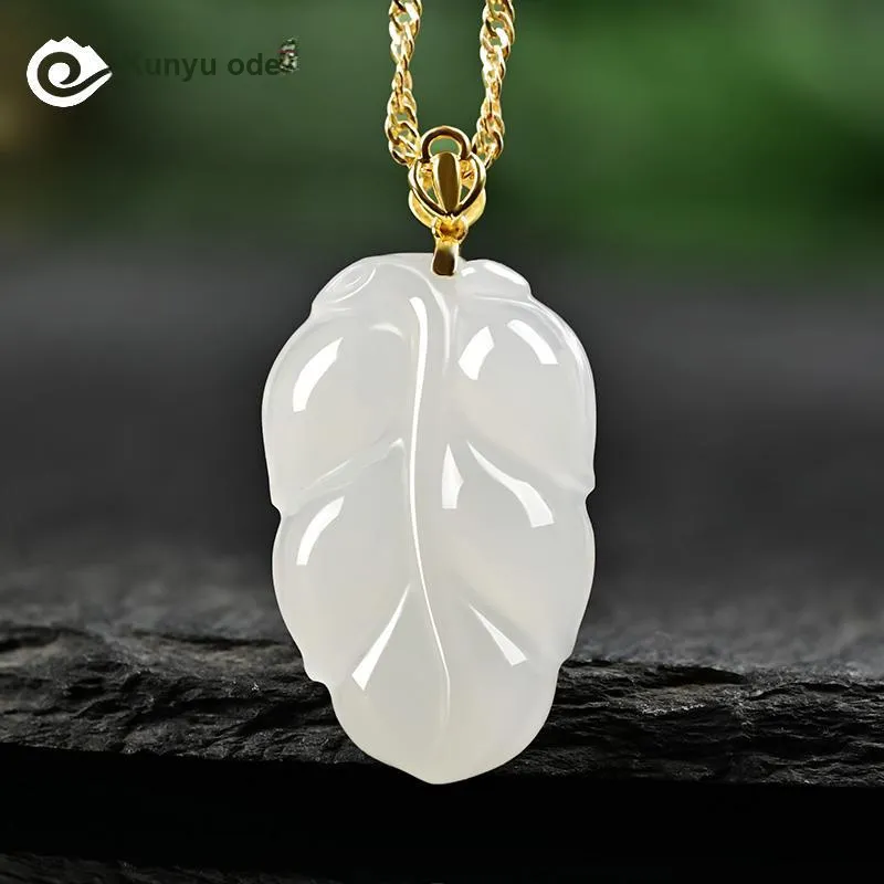 KUNYUYAO 18K Gold Inlaid Leaf Pendant Jade Pendant White Jade Unisex-14