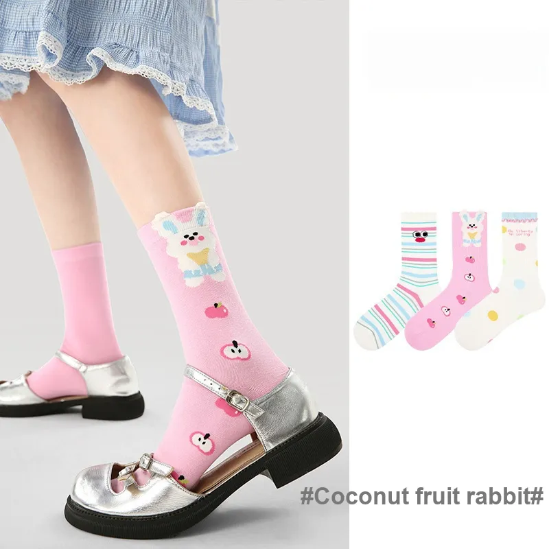 Vine Color Mid-Calf Socks Unisex 3 Pack Coconut Bunny-1