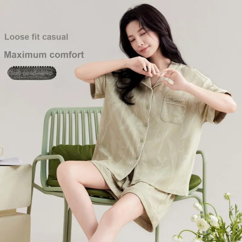 Urban Beauty Pajama Set Artistic Style Soft Comfortable, Breathable Skin Friendly Women's Set Of 3 Green-4