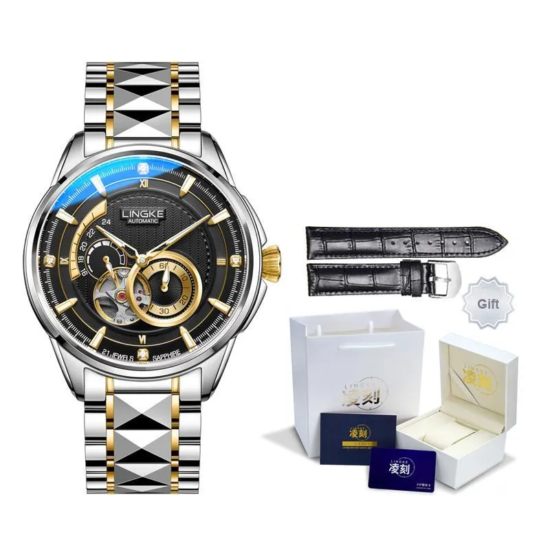 LINGKE Automatic Mechanical Movement Steel Strap Watch Men's Watches White Dial-0