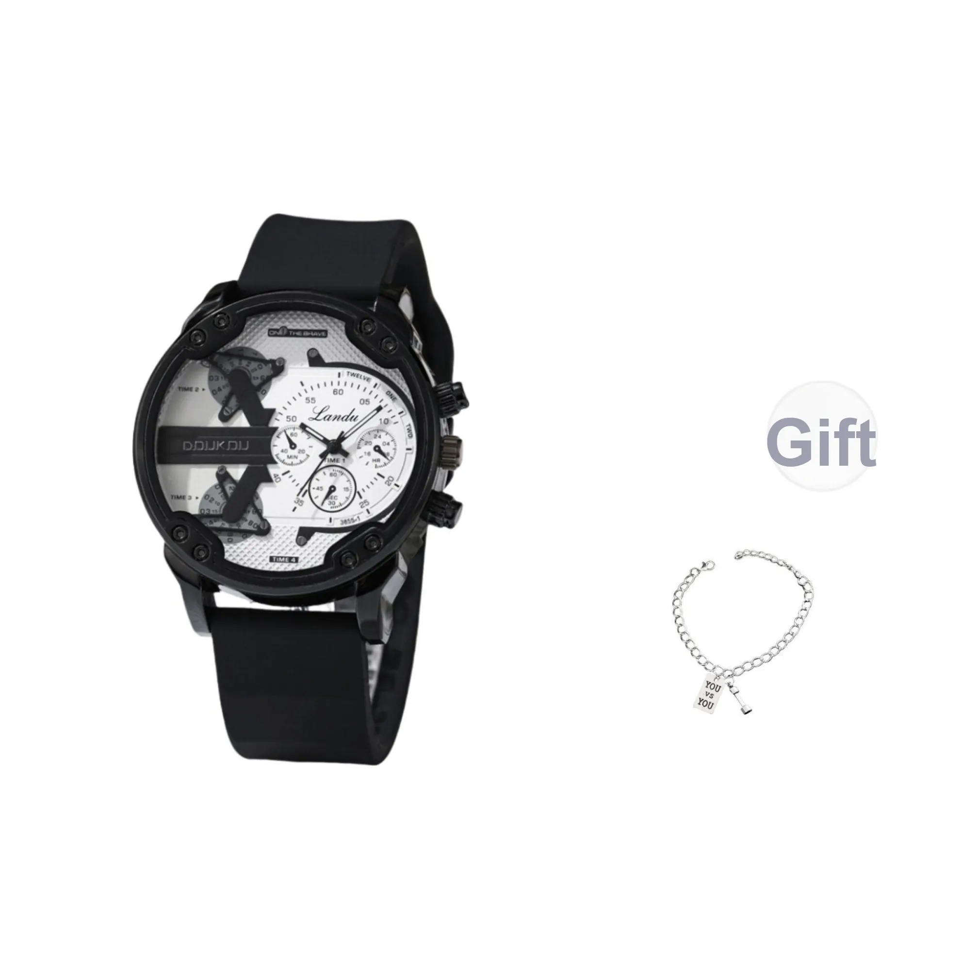 LANDU DOUKOU Коллаборация Large Head Collection Кварцевый механизм Резиновый ремешок Мужские часы Белый циферблат