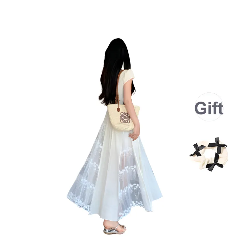 TORIGHT Short Sleeved Dress Women's Apricot+Bowknot Hair Tie Comes With-1