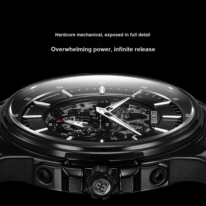 EBOHR Explorer Collection Mechanical Heart Mechanical Movement Stainless Steel Strap Watch Men's Watches Black Dial-3