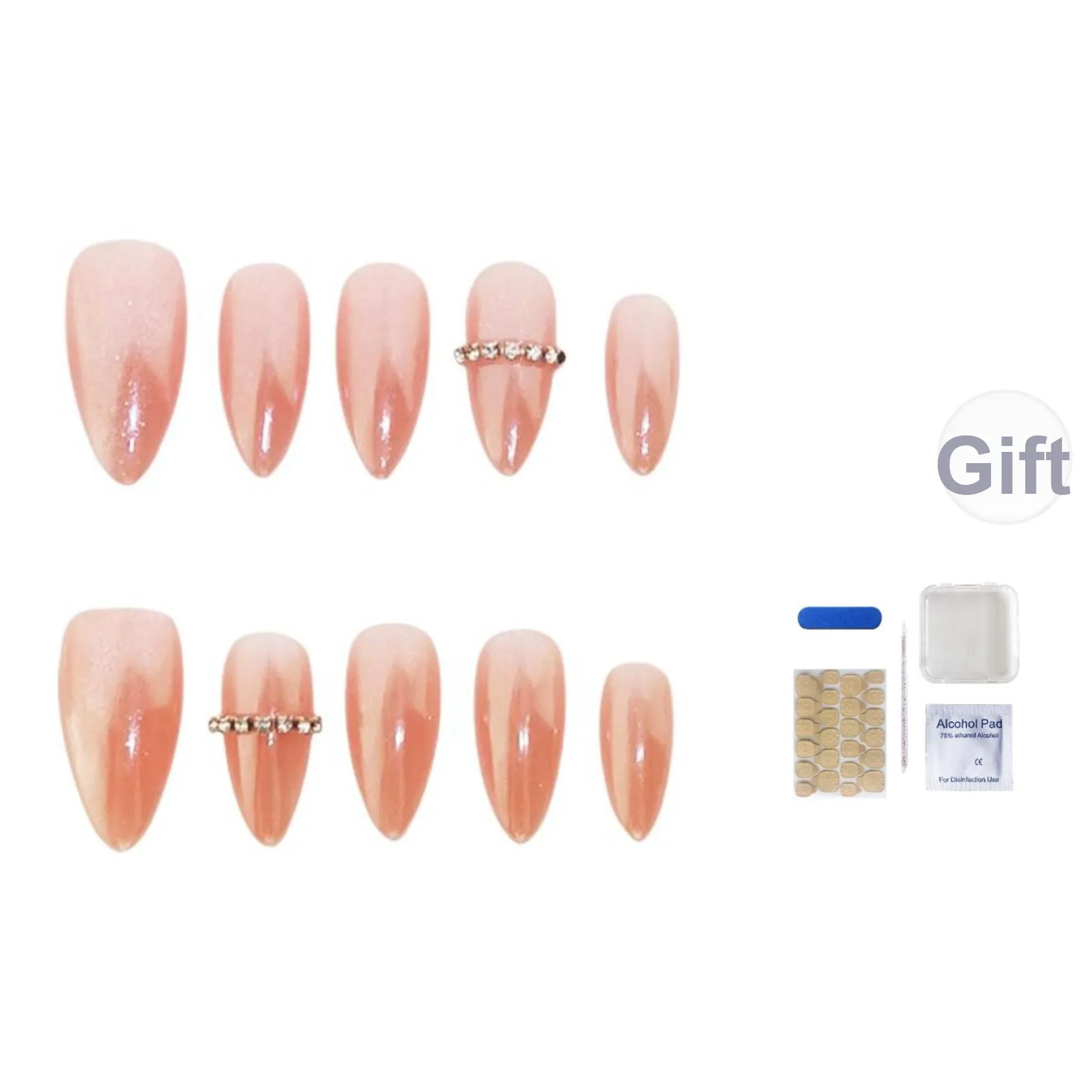 JOLLY BULL Изящный Rhinestone Украшенный False Nail Almond Средний Tapered Tip Pink Solid Color Cat Eye