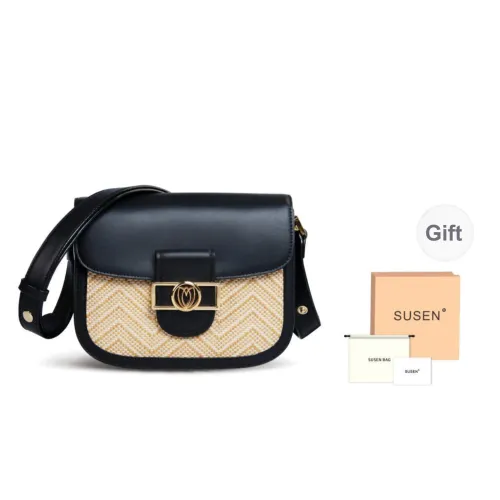 SUSEN Eco-Friendly Technical Fabric Saddle Bag Straw Bag Shoulder Bag Women's Black