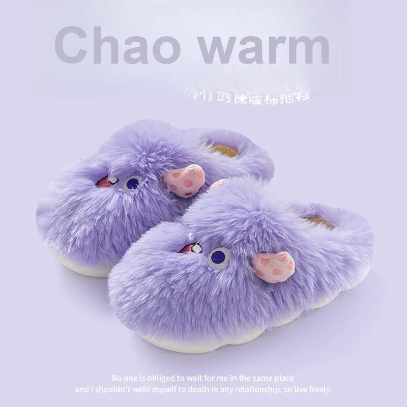 Foot Recreation Winter Cartoon Cute Long Mohair Suede Fabric Warm Slip Resistant Home Slippers Women's-1