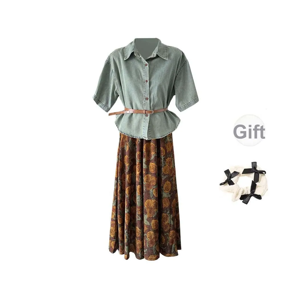 TURN UP Skirt Set Women's Set Blue Brown Two Piece Set, Comes With Belt+Bowknot Hair Tie