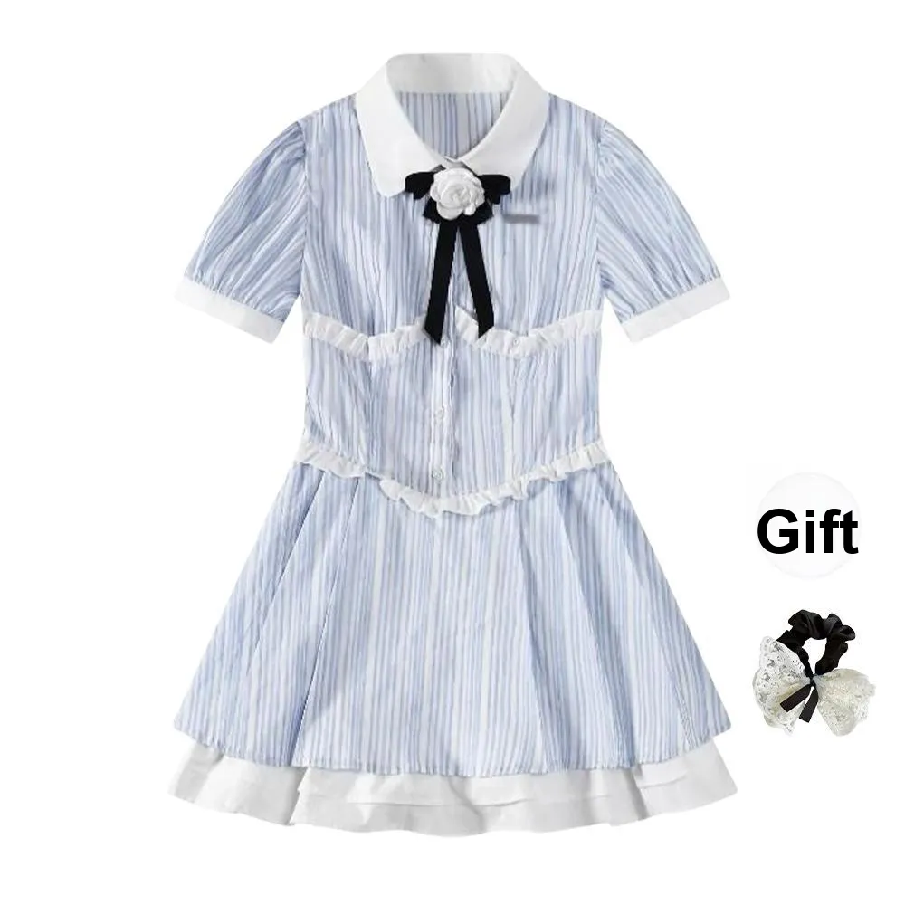 TUSHIFEI Short Sleeved Dress Women's Sky Blue+Hair Tie Comes With