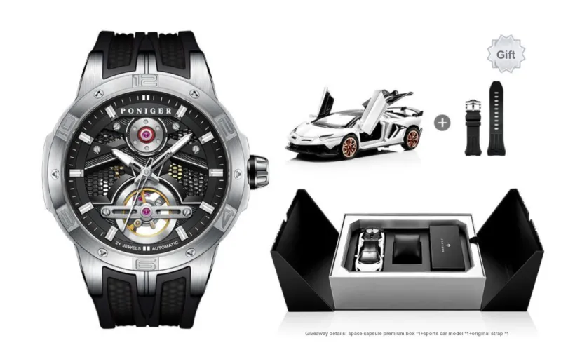 PONIGER Space Man Concept Automatic Mechanical Movement Rubber Strap Men's Watches Cut Out Dial-0