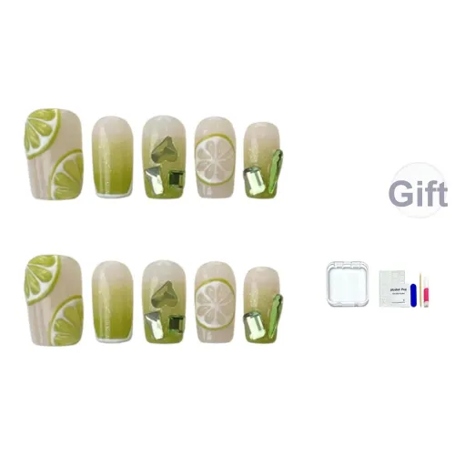 JINGCHANXUE Ручной работы Летний Лимон Кристалл False Nail Короткий ЛАДЬЕР Зеленый Градиентный Сияние 14 мм