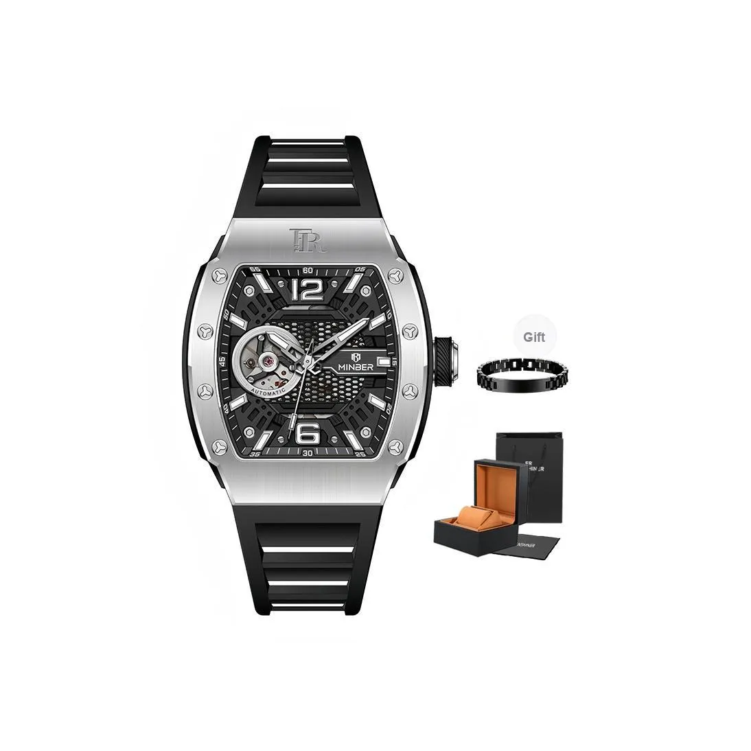 FR Механический механизм резиновый ремешок часы для мужчин черный циферблат