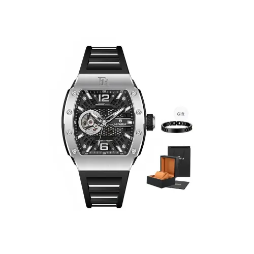 FR Механический механизм резиновый ремешок часы для мужчин черный циферблат