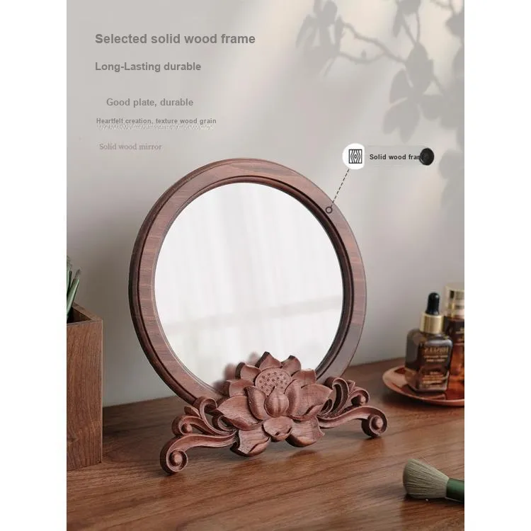 XIBI Vintage Wooden Round Vanity Table With Chinoiserie Traditional Chinese Style Desktop Mirror For Wedding Dowry-5