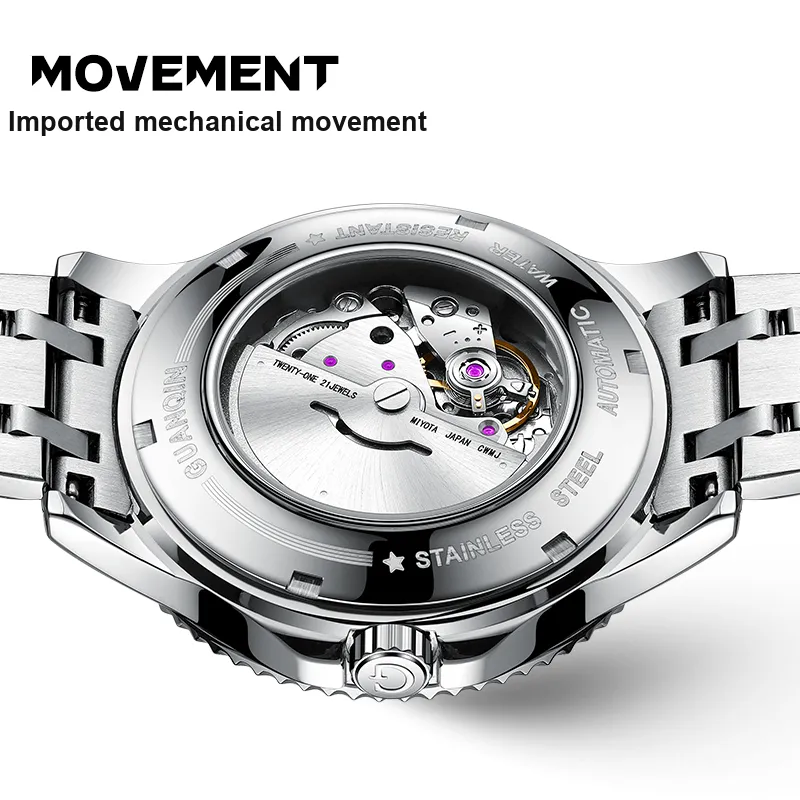 GUANQIN Automatic Mechanical Movement Stainless Steel Watchband Watch Men's Watches Black Dial-5