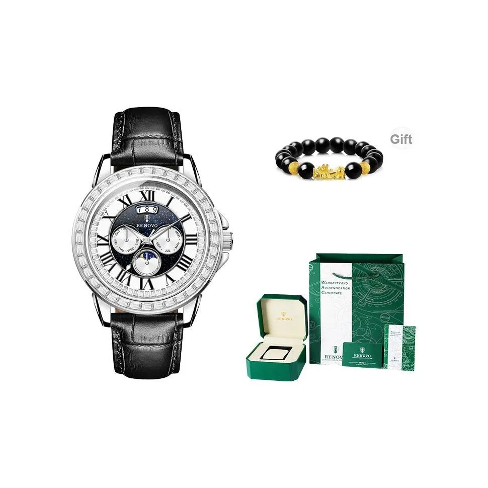 RENOVO Автоматический Механический Механизм Естественная Кожа Ремешок Часы Мужские Белый Циферблат