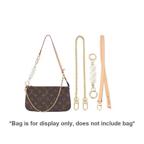 Lan Bao Fan Shoulder Strap Bag Tan Leather Single-Clasp Shoulder Straps+Straight Gold Copper Chain+Pearl Extension Chain