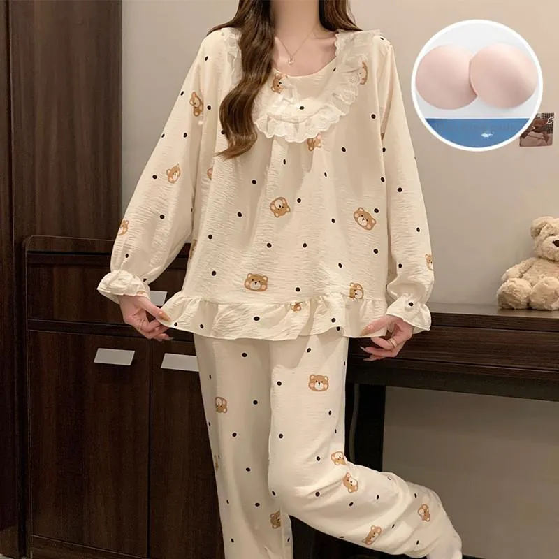 Pretty Lady Pajama Set Women's Apricot Base With Polka Dot-1