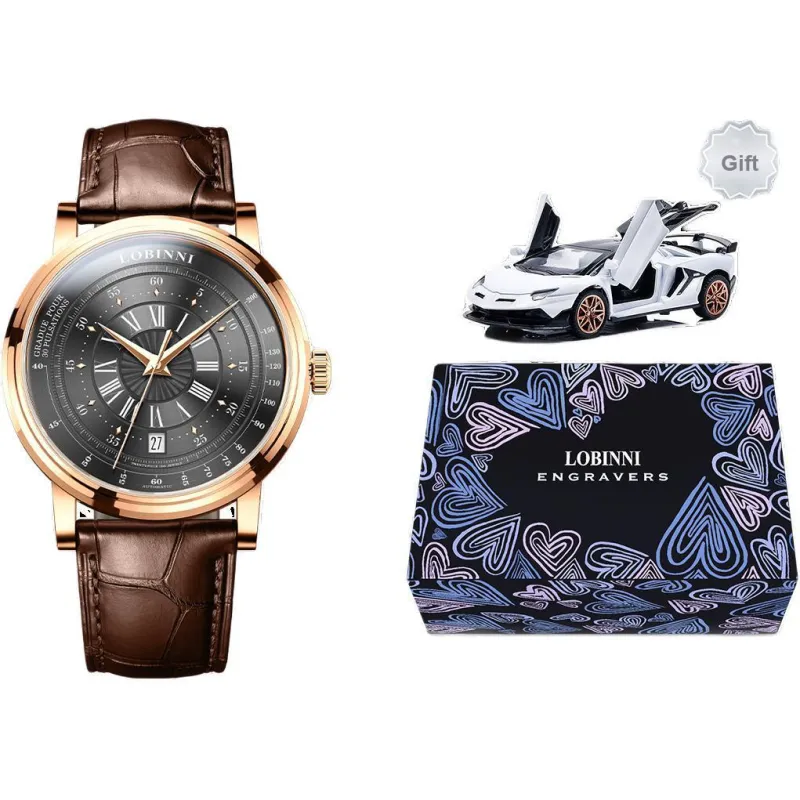 LOBINNI L Automatic Mechanical Movement Cowhide Strap Watch Men's Watches Black Dial-4