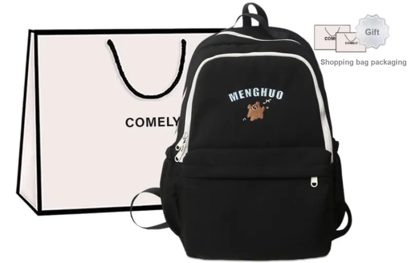 COMELY Nylon Backpack Student Backpack Laptop Bag Large Size Unisex Ecru/Black-0