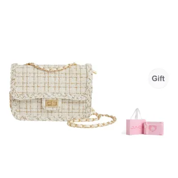 JACD Gold Thread Tweed Fabric Small Square Bag Shoulder Bag Women's White