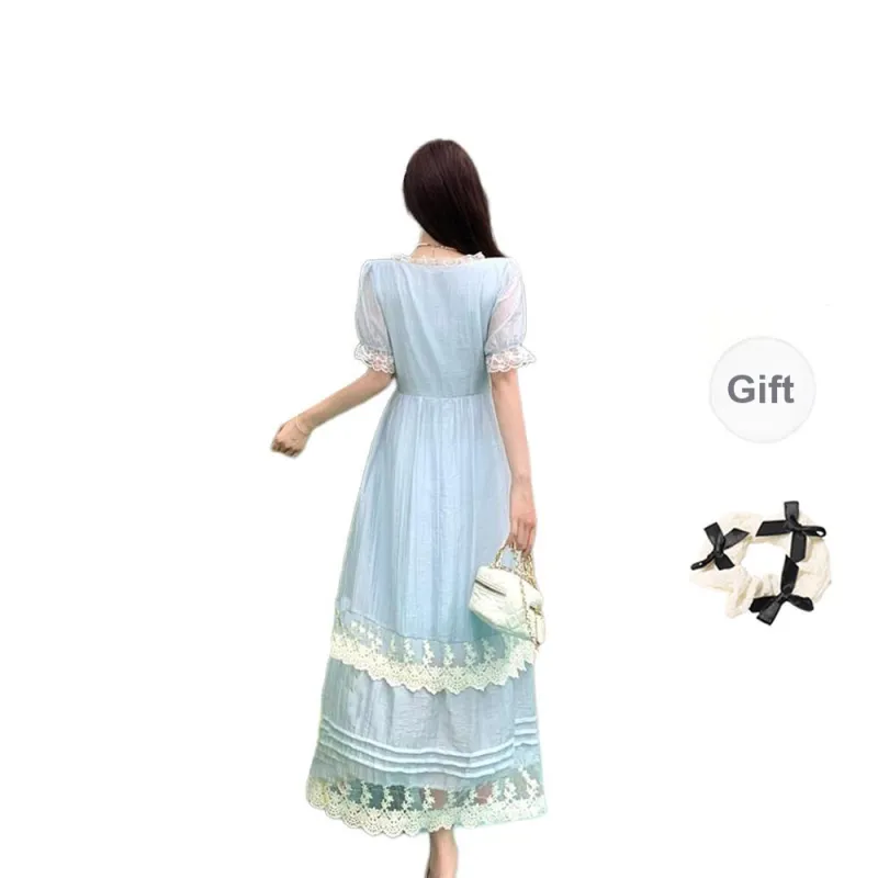 TORIGHT Short Sleeved Dress Women's Blue+Bowknot Hair Tie Comes With-1