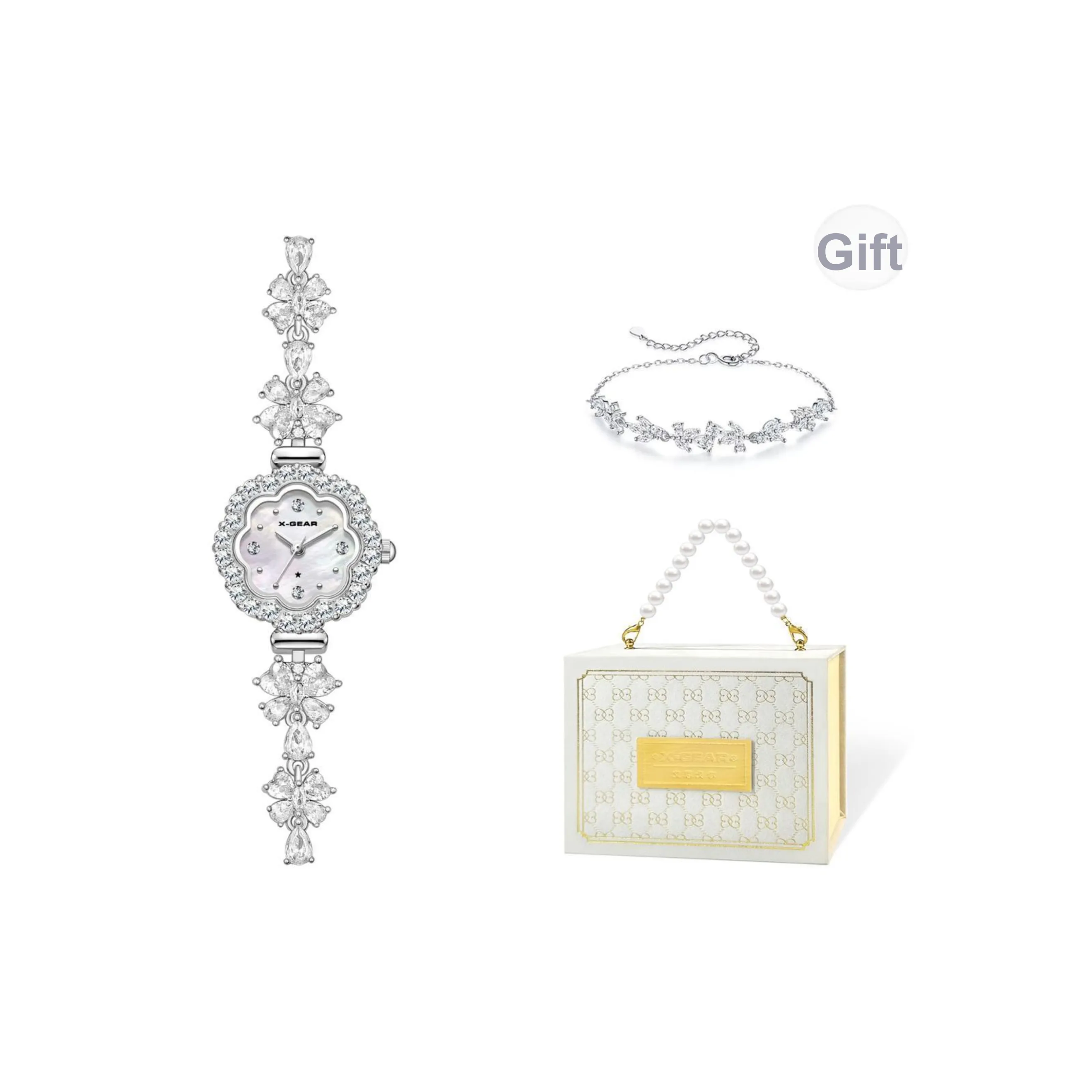 X Шестерня Кварцевый механизм Нержавеющая сталь Ремешок Часы Женские часы Жемчужная раковина Циферблат