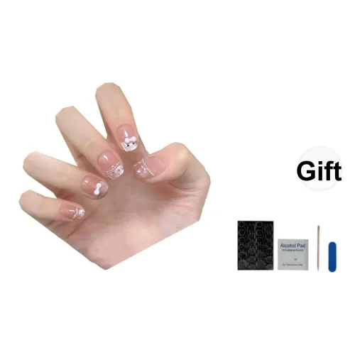 OUYUJI Ручной работы Готовый товар Съемный False Nail Миндаль Короткий Квадрат Нежно-розовый Кожа Стиль Smudge Instagram