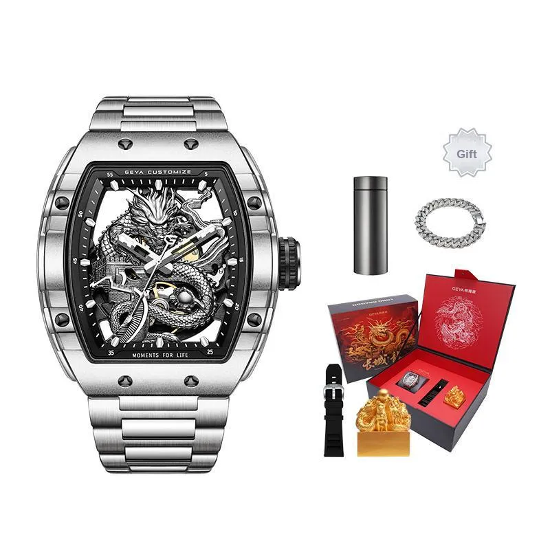 GEYA Automatic Mechanical Movement Stainless Steel Watchband Watch Men's Watches Cut Out Dial