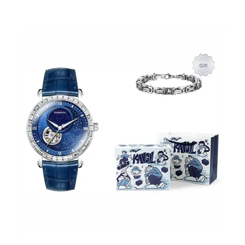 KANGOL Sea of stars Механическое устройство Кожаный ремешок Часы Мужские Черный циферблат