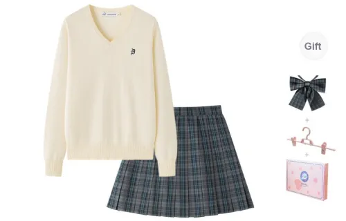 Tokyo Season Uniforms Women's Off White Sweater+Black And Blue Checkered Skirt, Buy And Give Away Flat Corners