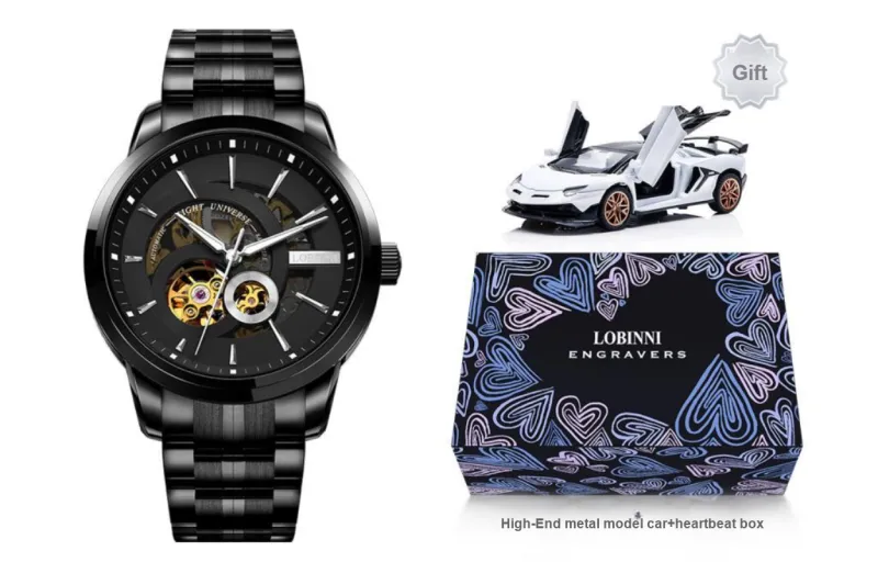 LOBINNI L Automatic Mechanical Movement Genuine Leather Strap Watch Men's Watches Black Dial-19