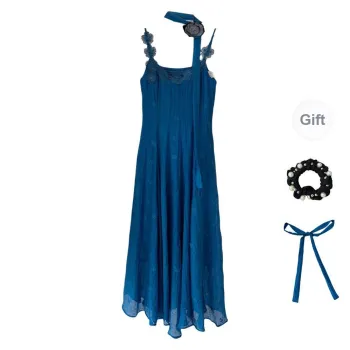WUSHANSHAN Slip Dresses Women's Vintage Blue+Silk Scarf+Hair Tie Comes With