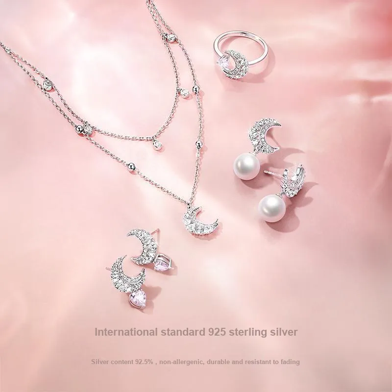 FANCI Dreamy Heart Moon Series S925 Silver Earrings Women's Silver Gold-8