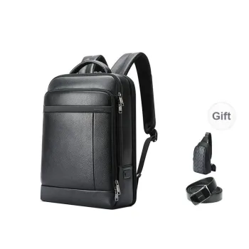 BOPAI Top Grain Cow Leather Backpacks Backpack Laptop Bags Regular Men's Black