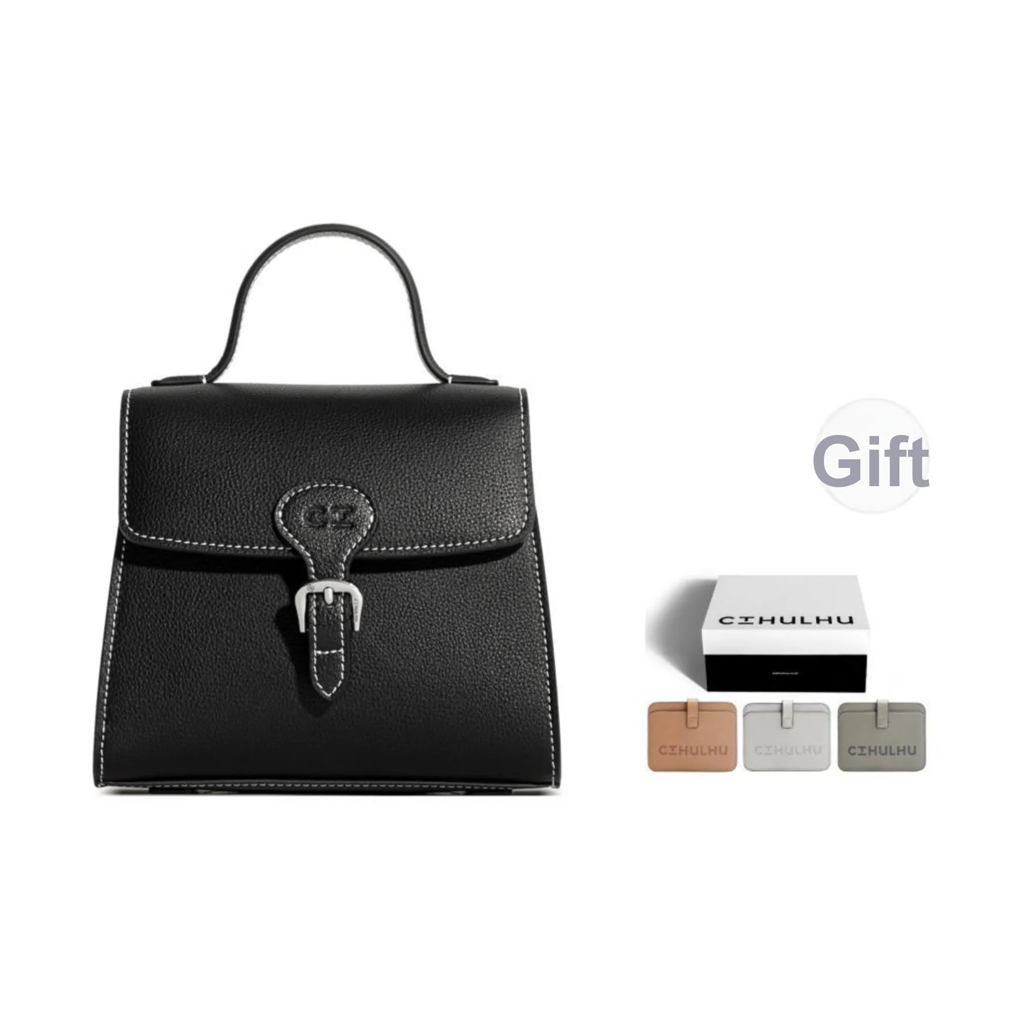 Cthulhu Cow Split Leather Long Detachable Strap Stirrup Buckle One Shoulder Handbag Medium Size Women's Greige/Black