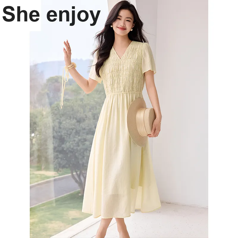 She Enjoys Short Sleeved Dress Women's Light Yellow-2