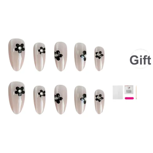 JIABITU Черный цветок Съемный False Nail Овал Кошачий глаз Градиентный