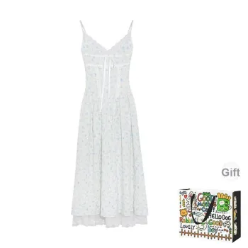 Dippanis Slip Dresses Women's White Base With Blue Floral Pattern Shopping Bag