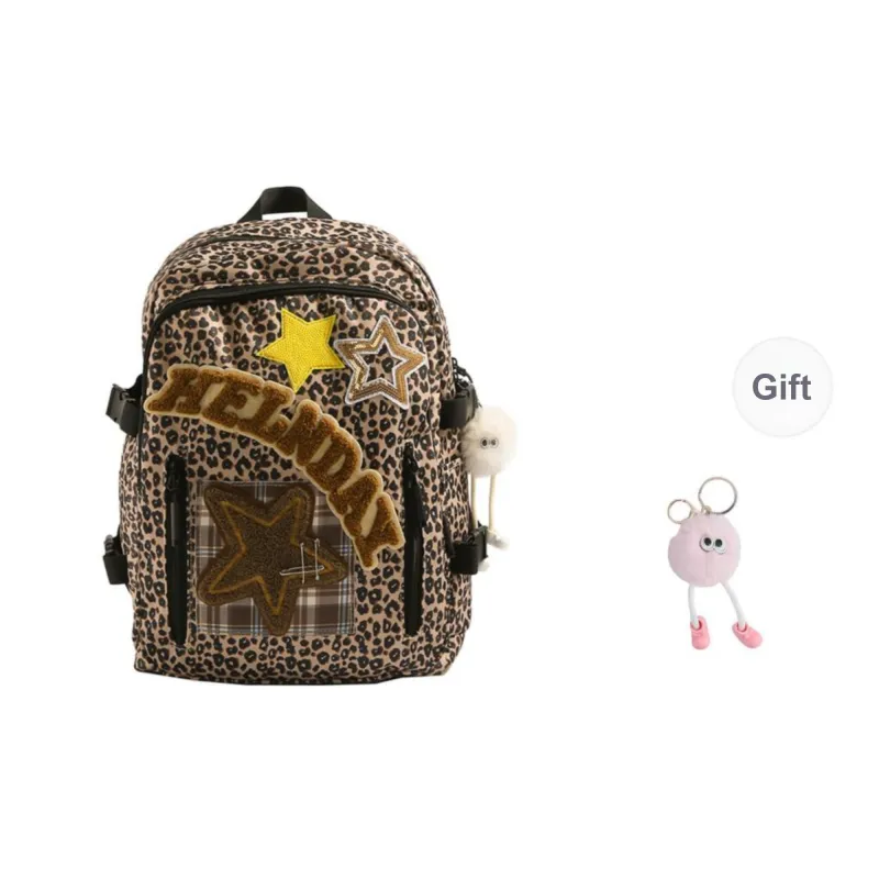 URBAN FOREST Nylon Fabric Backpack Regular Unisex Brown Plaid/Red Plaid/Leopard Print-12