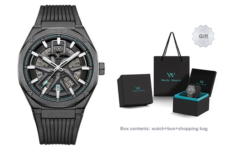 Welly Merck Automatic Mechanical Movement Men's Watches Wrist Watches Black Dial Rubber Strap-1