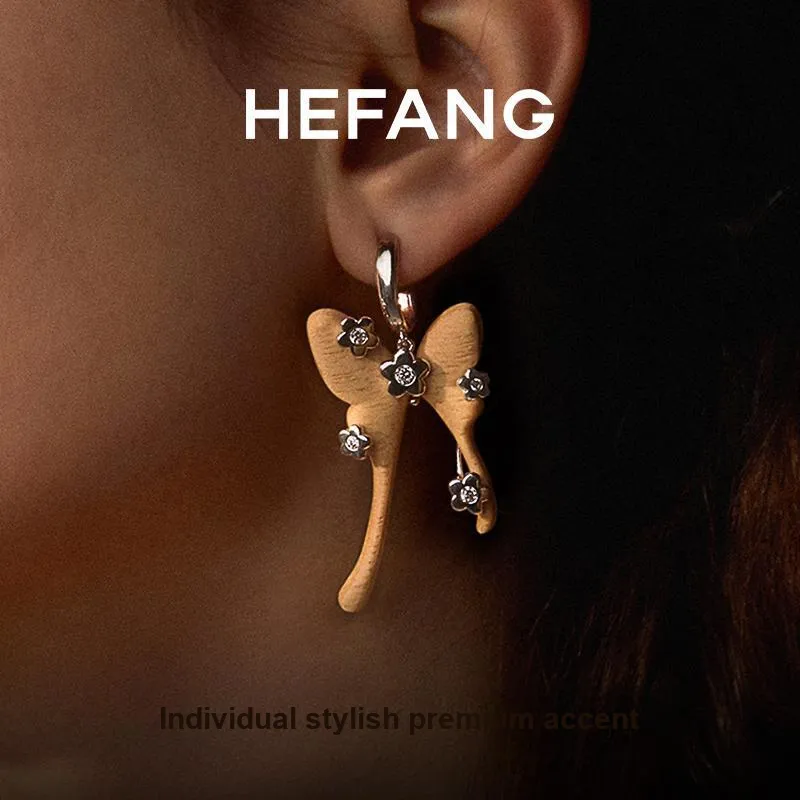 HEFANG Garden Copper Wood Grain Tail Butterfly Earrings Women's-1