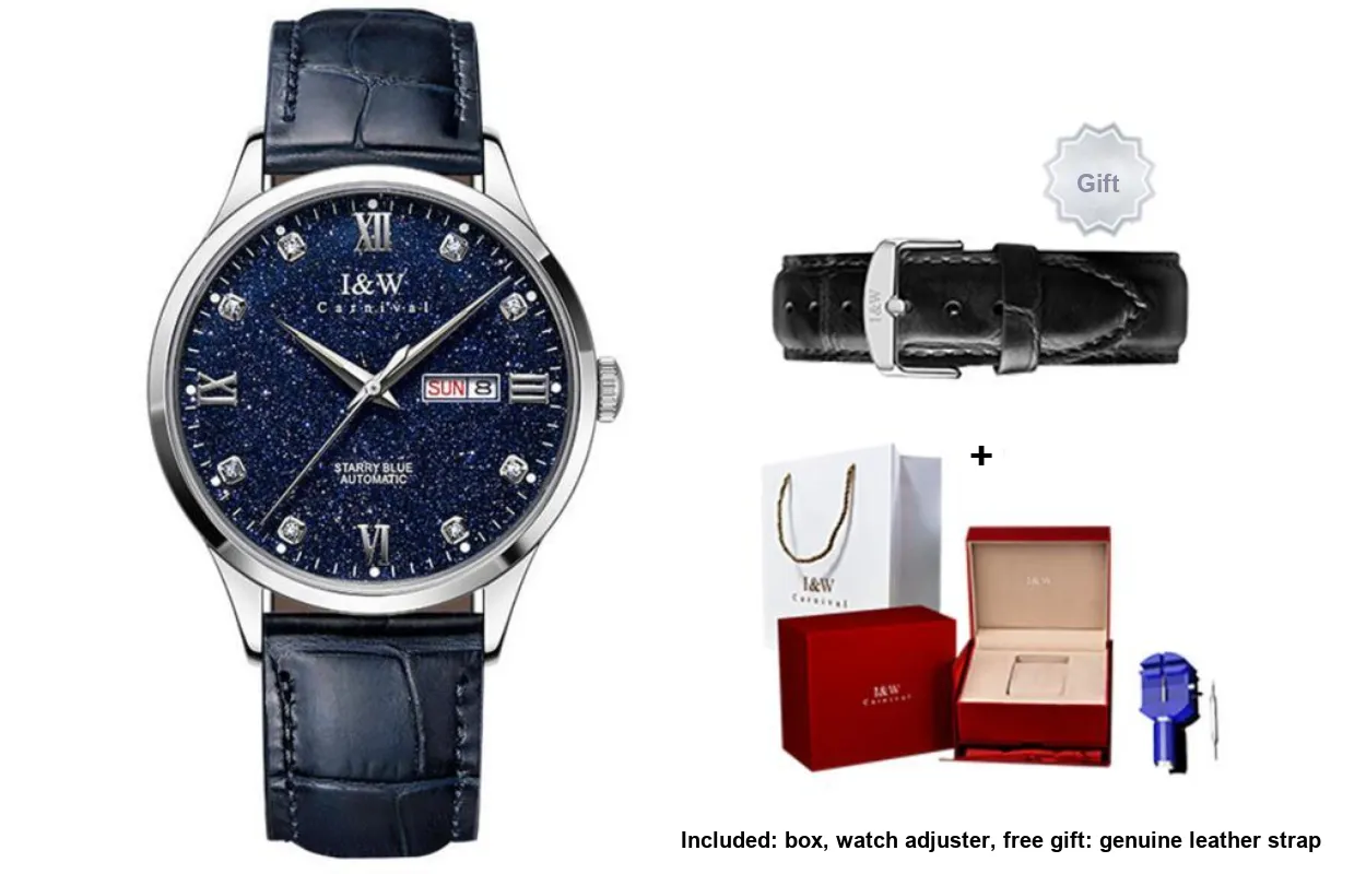I&W CARNIVAL HWGUOJI Automatic Mechanical Movement Cowhide Strap Watch Men's Watches Blue Dial