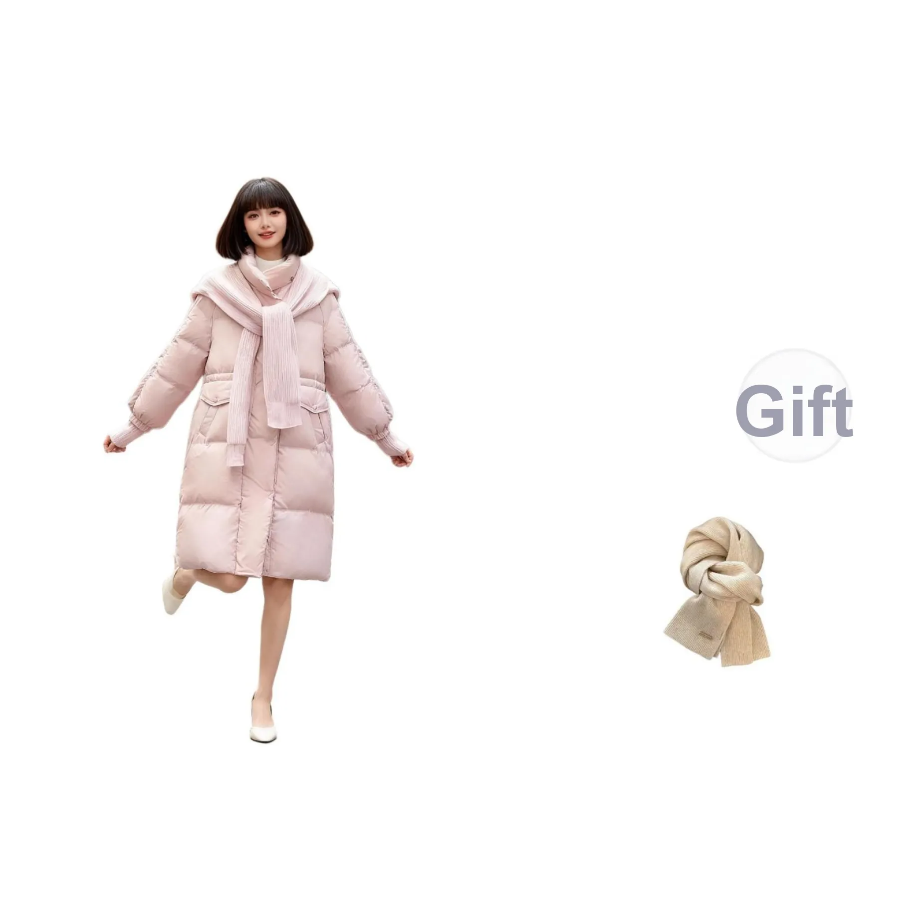 MTHE Розовый с Шарфом Женские Пуховики