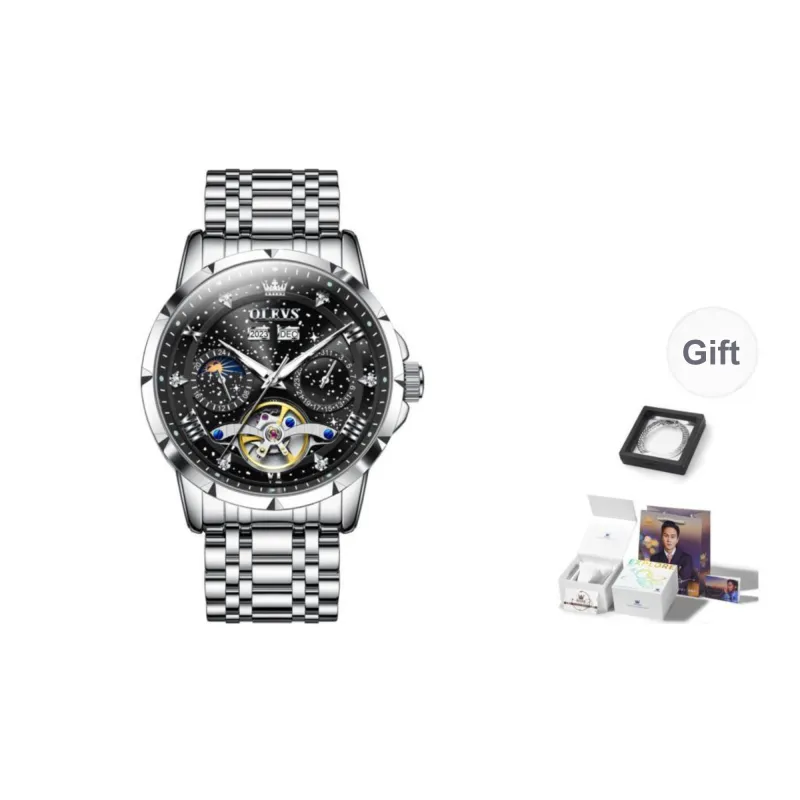 OLEVS Automatic Mechanical Movement Stainless Steel Watchband Watch Men's Watches Black Dial-0